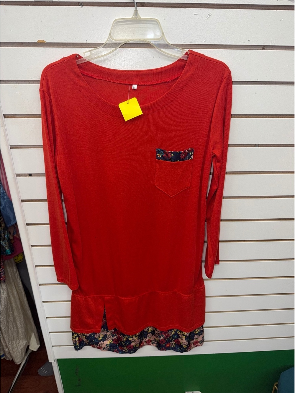 Red Floral Trim Long Sleeve Tunic Top Dress Size Medium